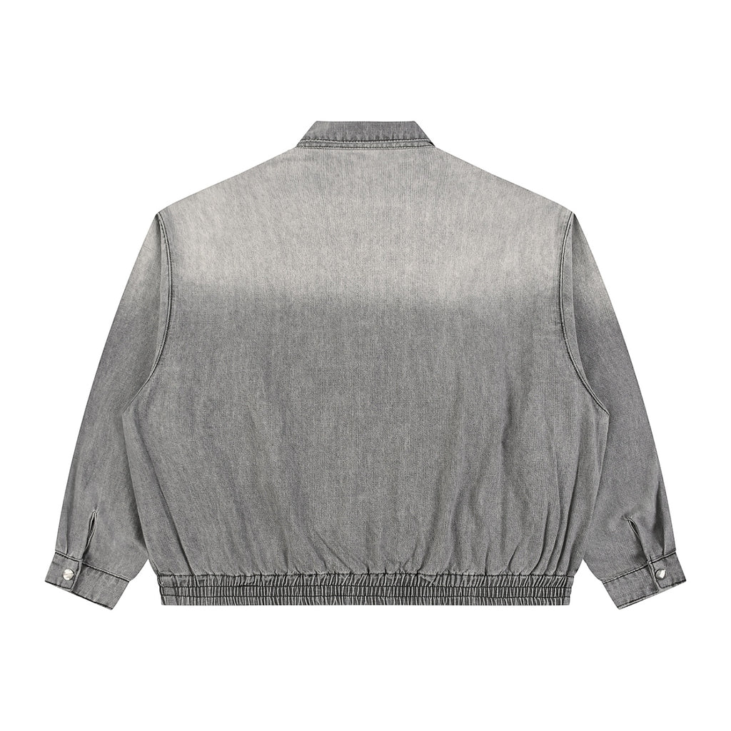 Back view of Anointed Garments charcoal acid-wash denim bomber jacket with elasticated hem and cuffs