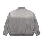 Back view of Anointed Garments charcoal acid-wash denim bomber jacket with elasticated hem and cuffs