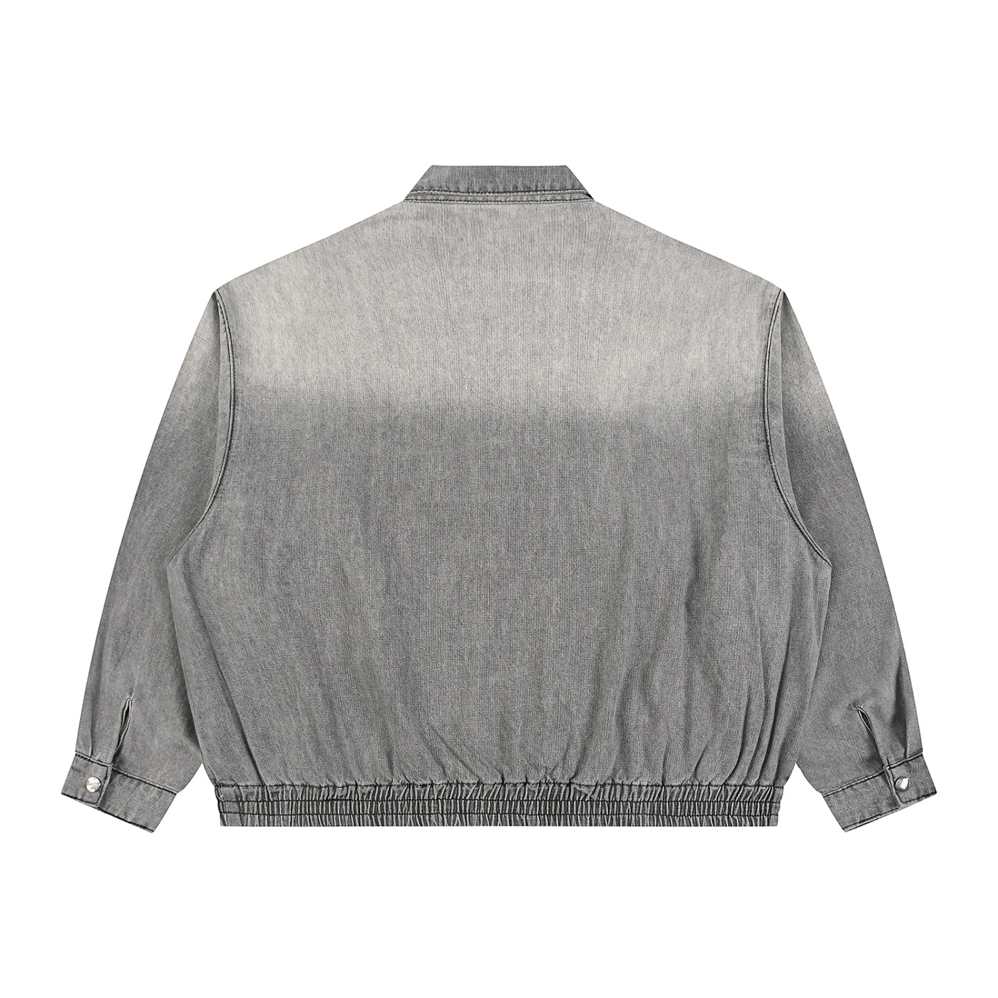 Back view of Anointed Garments charcoal acid-wash denim bomber jacket with elasticated hem and cuffs