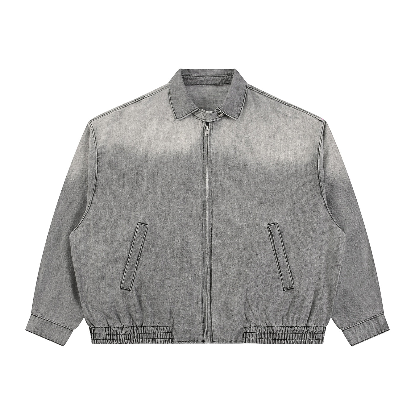 Anointed Garments charcoal acid-wash denim bomber jacket with full-zip front, point collar, and elasticated hem.