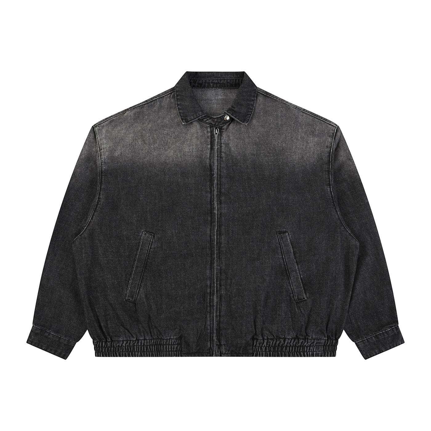 Anointed Garments charcoal acid-wash denim bomber jacket with a full-zip front, point collar, and elasticated hem.