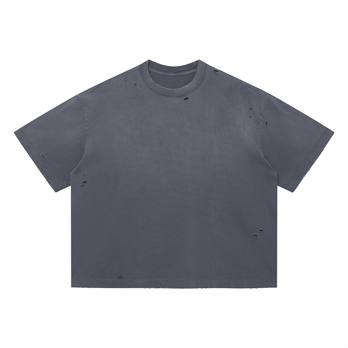 Anointed Garments charcoal grey heavyweight cotton crewneck t-shirt with distressed, frayed detailing and boxy fit.