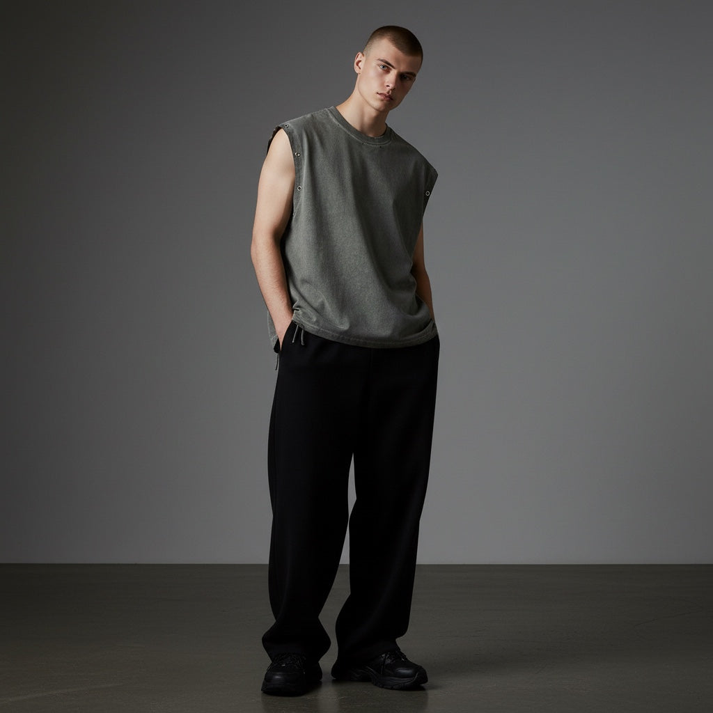 Model wearing Anointed Garments charcoal grey sleeveless distressed cotton tank top with metal grommet armhole details