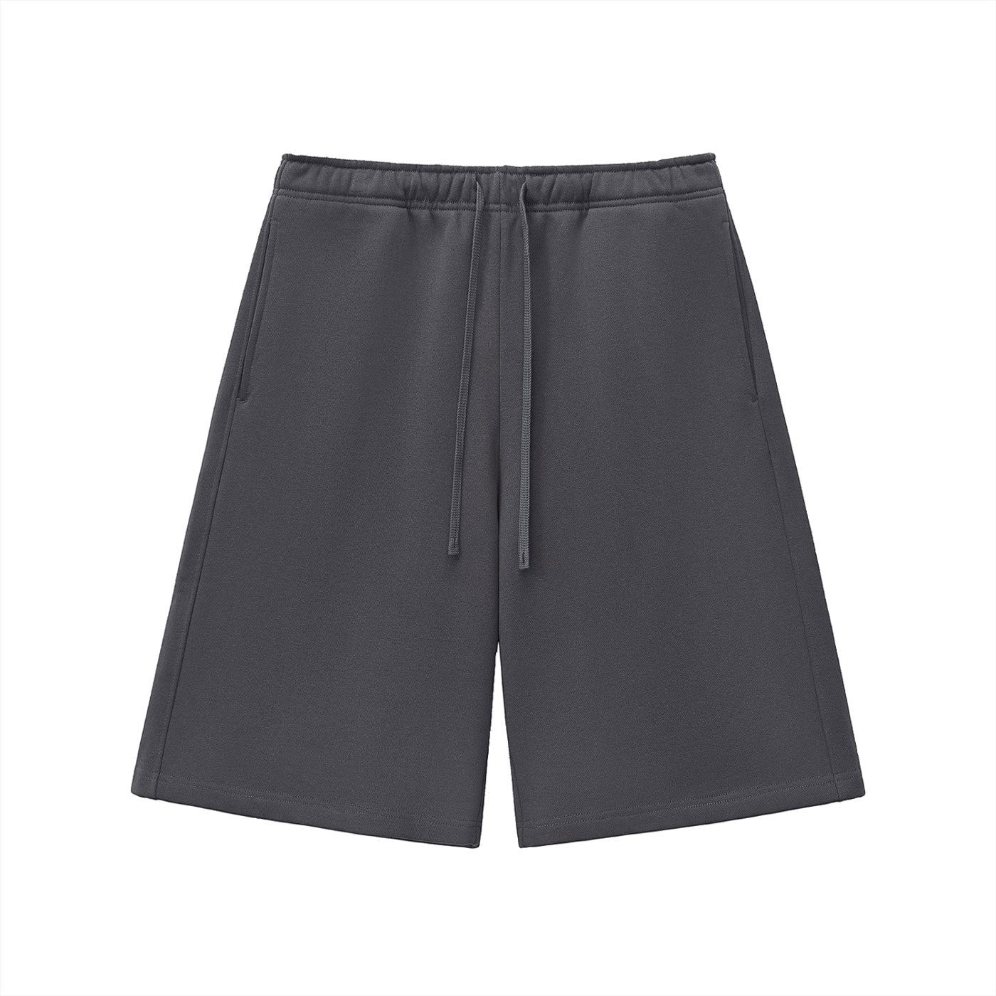 Anointed Garments charcoal grey heavyweight cotton blend fleece shorts with drawstring waist and side pockets.