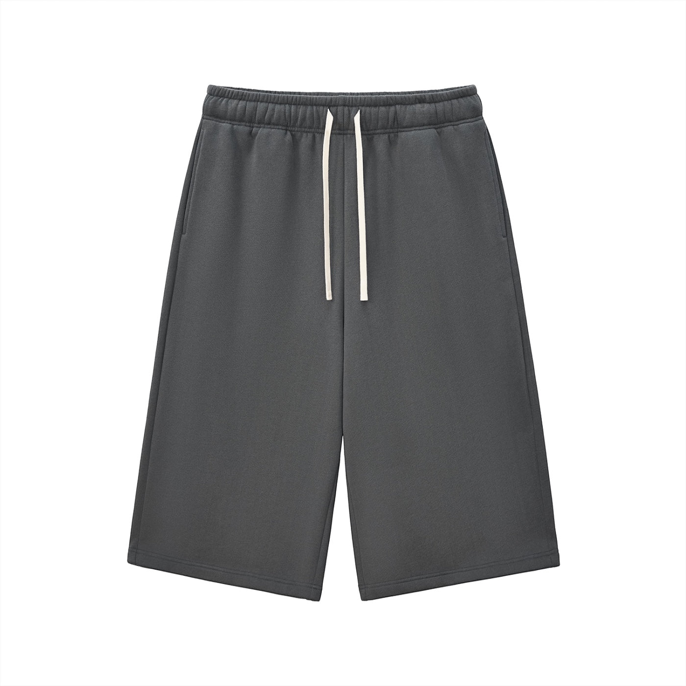 Anointed Garments charcoal grey fleece lounge shorts with an elastic drawstring waist and deep side pockets.