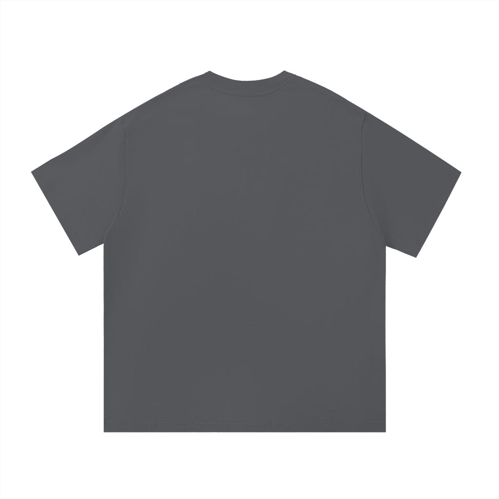 Back view of a plain charcoal gray Anointed Garments cotton t-shirt with a round neck and short sleeves.