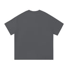 Back view of a plain charcoal gray Anointed Garments cotton t-shirt with a round neck and short sleeves.