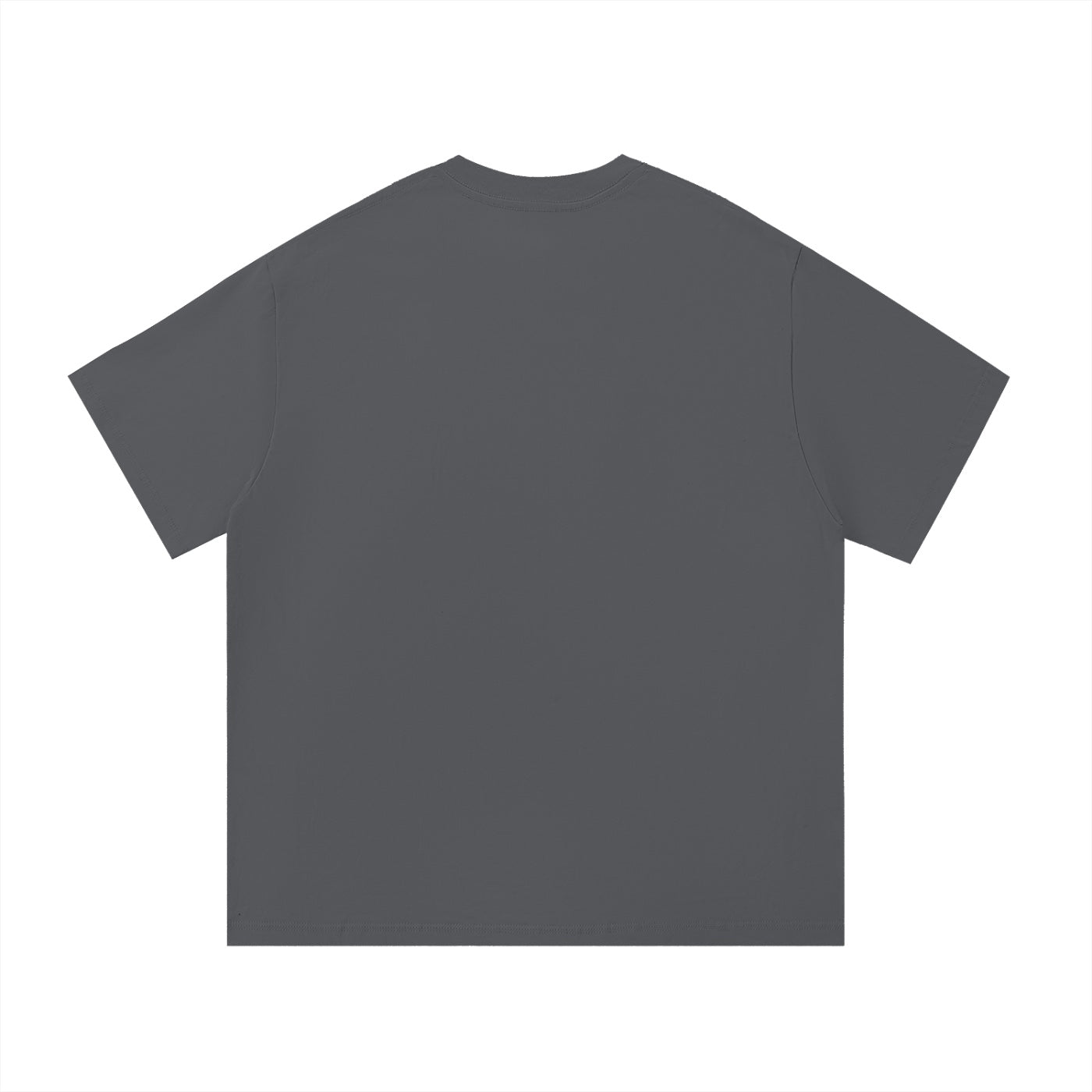 Back view of a plain charcoal gray Anointed Garments cotton t-shirt with a round neck and short sleeves.
