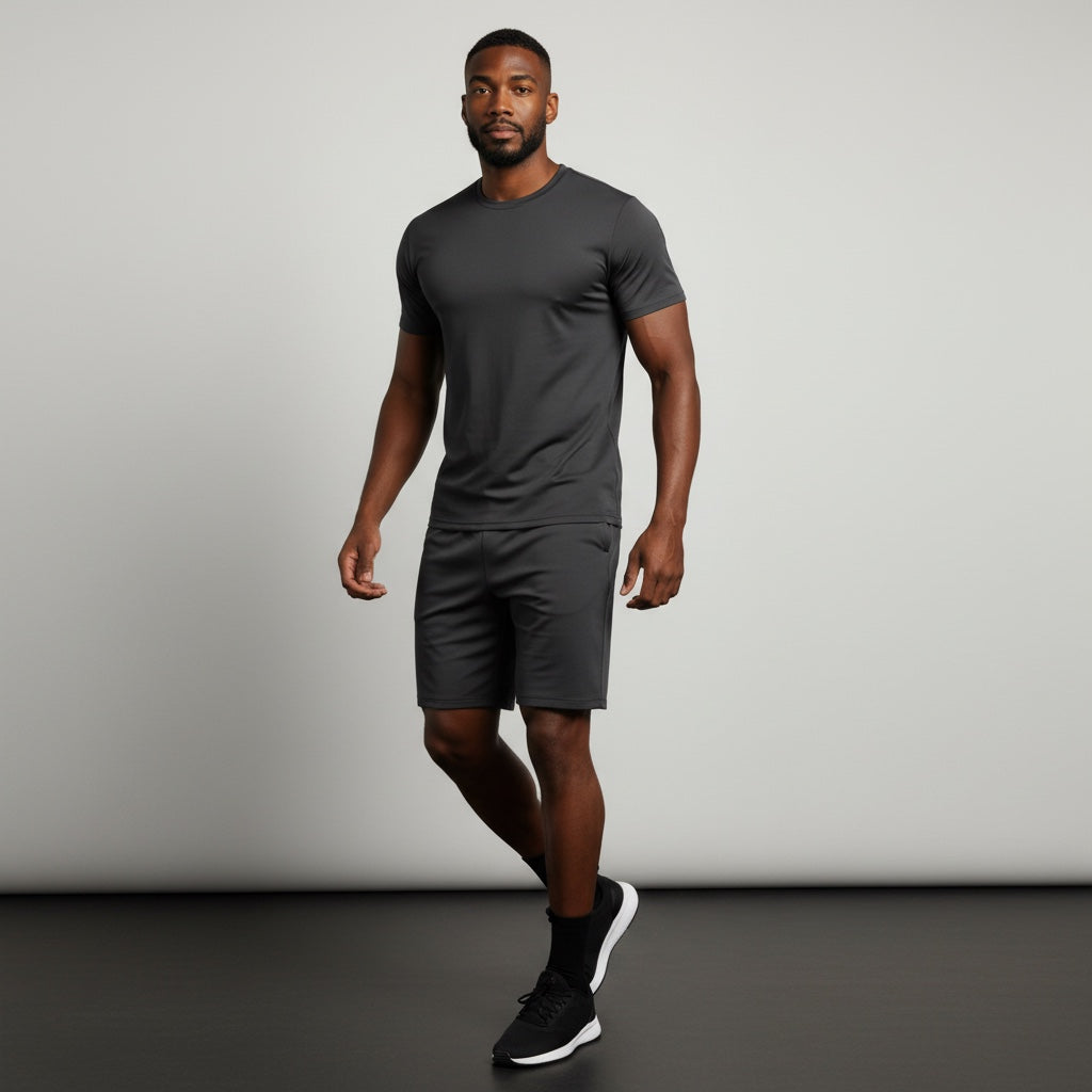 Anointed Garments men wearing a charcoal grey crew neck t-shirt and matching athletic shorts in a studio setting.