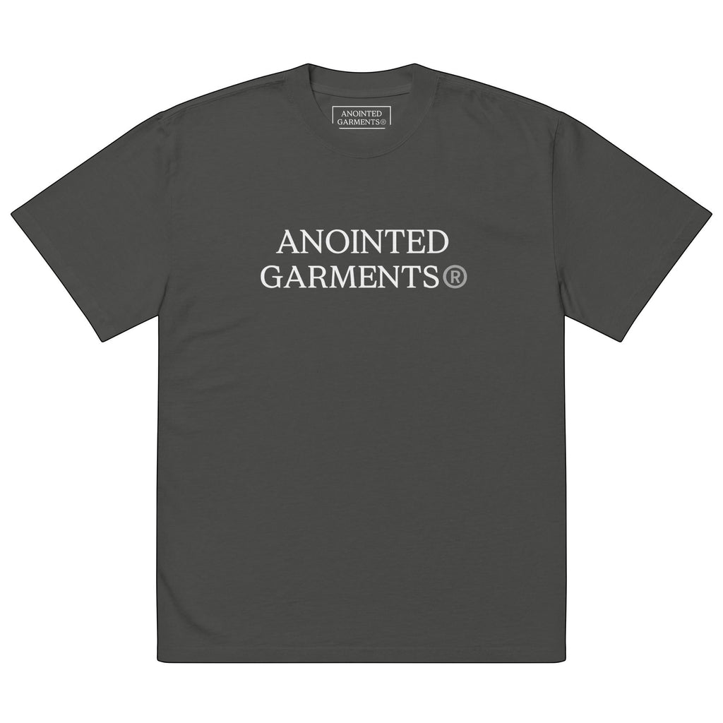Anointed Garments charcoal grey boxy fit cotton t-shirt with white chest logo and crew neck