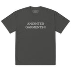Anointed Garments charcoal grey boxy fit cotton t-shirt with white chest logo and crew neck