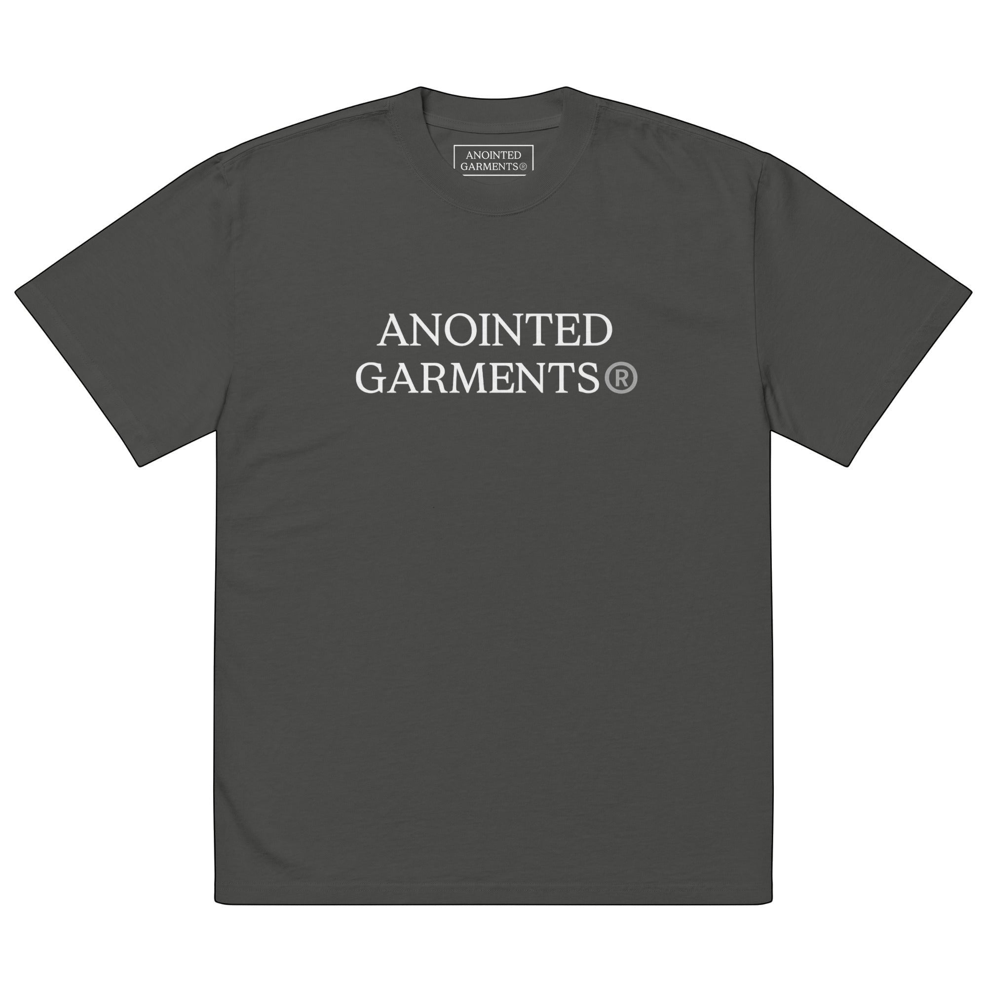 Anointed Garments charcoal grey boxy fit cotton t-shirt with white chest logo and crew neck