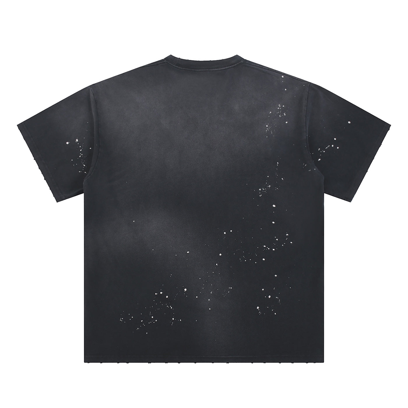 Back view of Anointed Garments charcoal washed cotton t-shirt with white paint splatter detail and relaxed fit