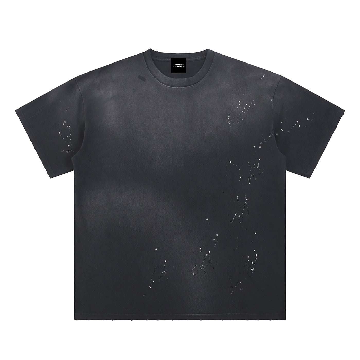 Anointed Garments charcoal washed cotton t-shirt with white paint splatter detailing and a relaxed crew neck fit.