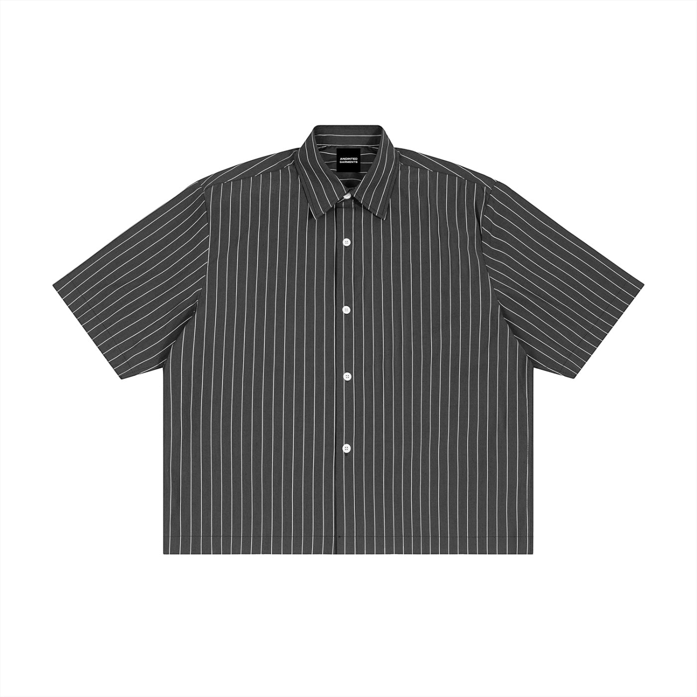 Anointed Garments unisex short-sleeve button-up shirt in charcoal grey with white vertical pinstripes and boxy fit.