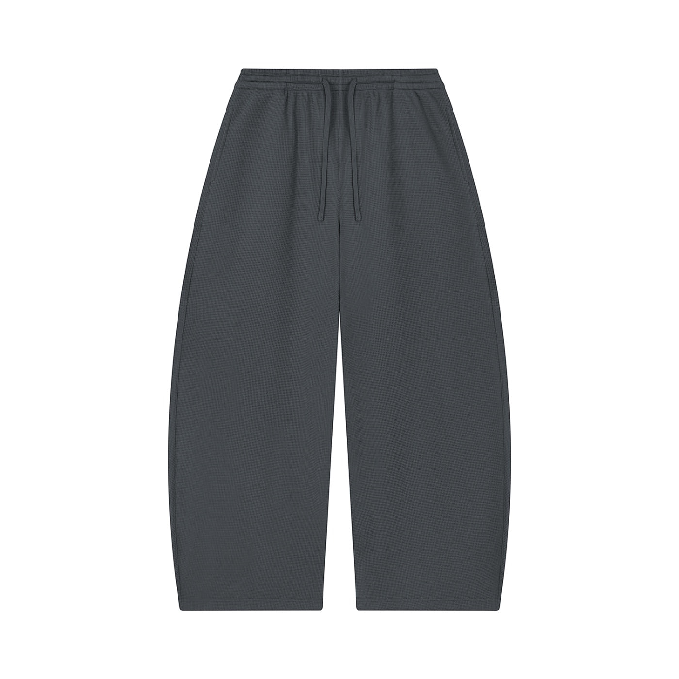 Anointed Garments unisex charcoal grey waffle knit barrel leg pants with a drawstring waist and loose fit.