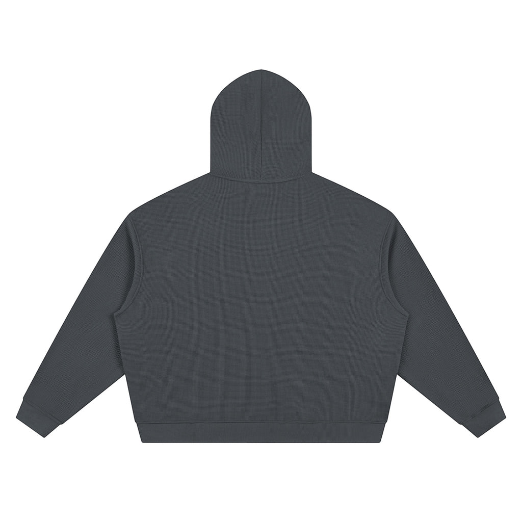 Back view of Anointed Garments heavyweight charcoal grey waffle knit zip up hoodie with a boxy, oversized fit.