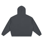 Back view of Anointed Garments heavyweight charcoal grey waffle knit zip up hoodie with a boxy, oversized fit.