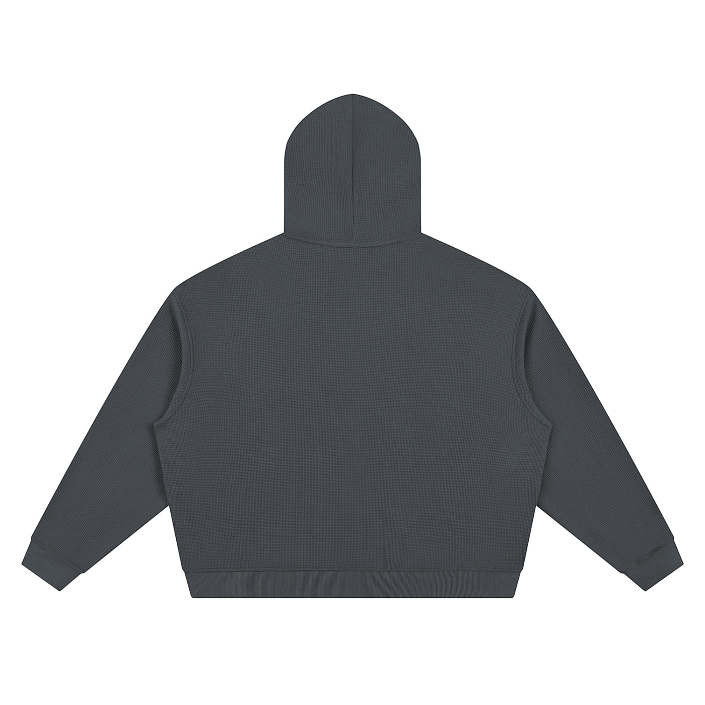 Back view of Anointed Garments heavyweight charcoal grey waffle knit zip up hoodie with a boxy, oversized fit.