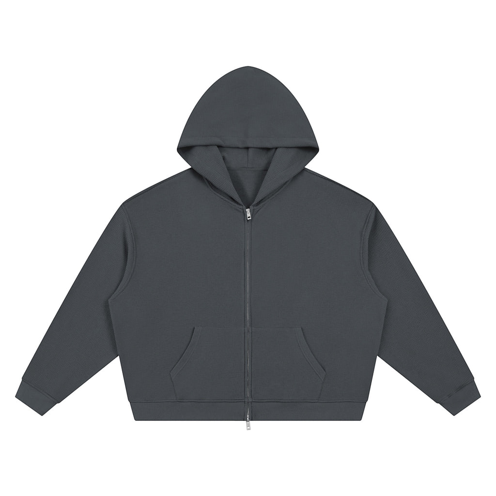 Anointed Garments unisex charcoal grey waffle knit boxy full zip hoodie with drop shoulders and front pockets.
