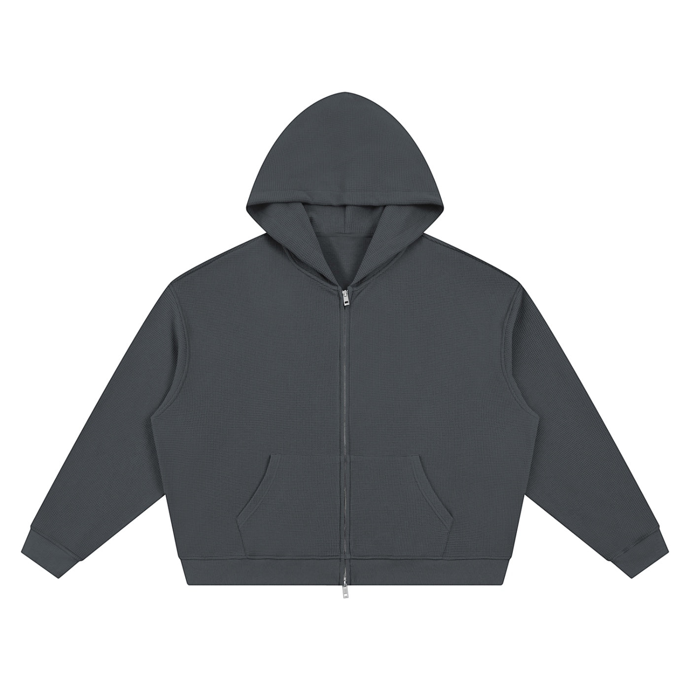 Anointed Garments unisex charcoal grey waffle knit boxy full zip hoodie with drop shoulders and front pockets.