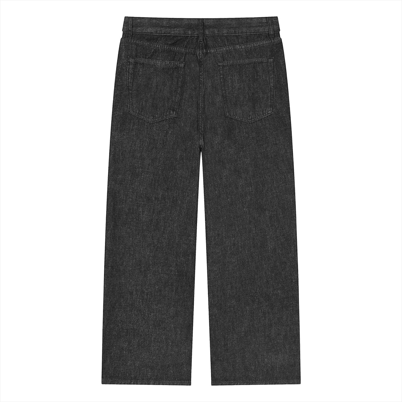 Back view of Anointed Garments wide leg denim jeans in a washed charcoal black cotton blend with five-pocket design.