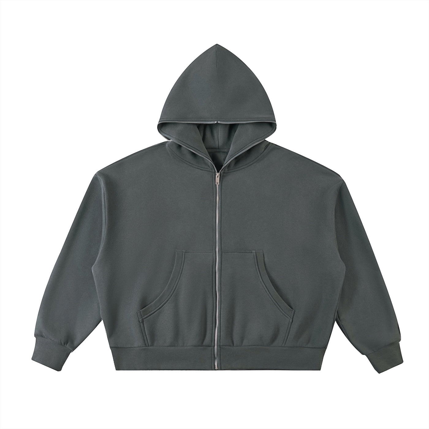 Anointed Garments heavyweight charcoal grey full zip up hoodie with drop shoulders and ribbed cuffs.
