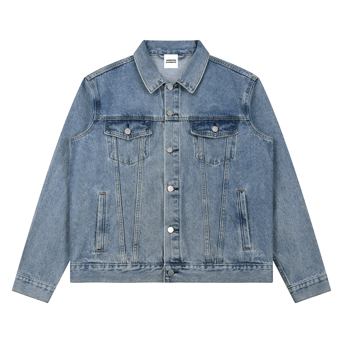Anointed Garments classic medium-blue denim jacket with metal buttons, chest pockets, and a structured point collar.