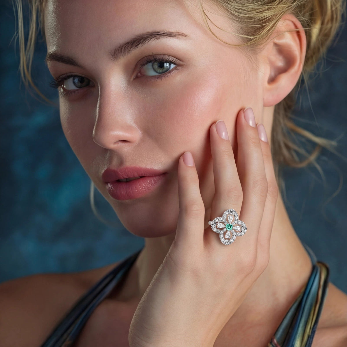 Anointed Garments green 4 leaf clover ring in platinum-plated sterling silver with moissanite on a model's hand.