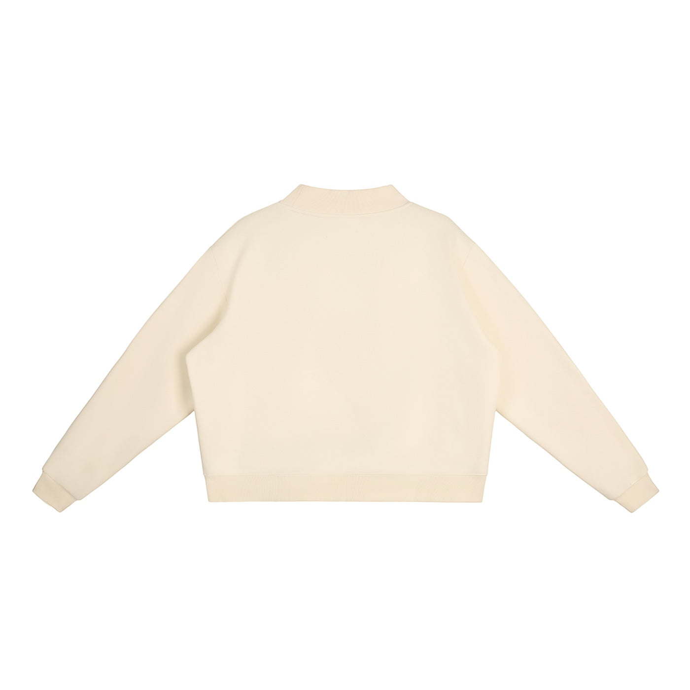 Back view of an Anointed Garments cream oversized mock-neck fleece sweatshirt with drop shoulders.