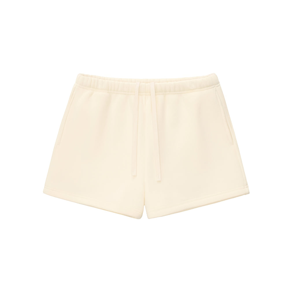 Anointed Garments cream-colored fleece sweatshorts with a comfortable elastic drawstring waistband and loose fit.