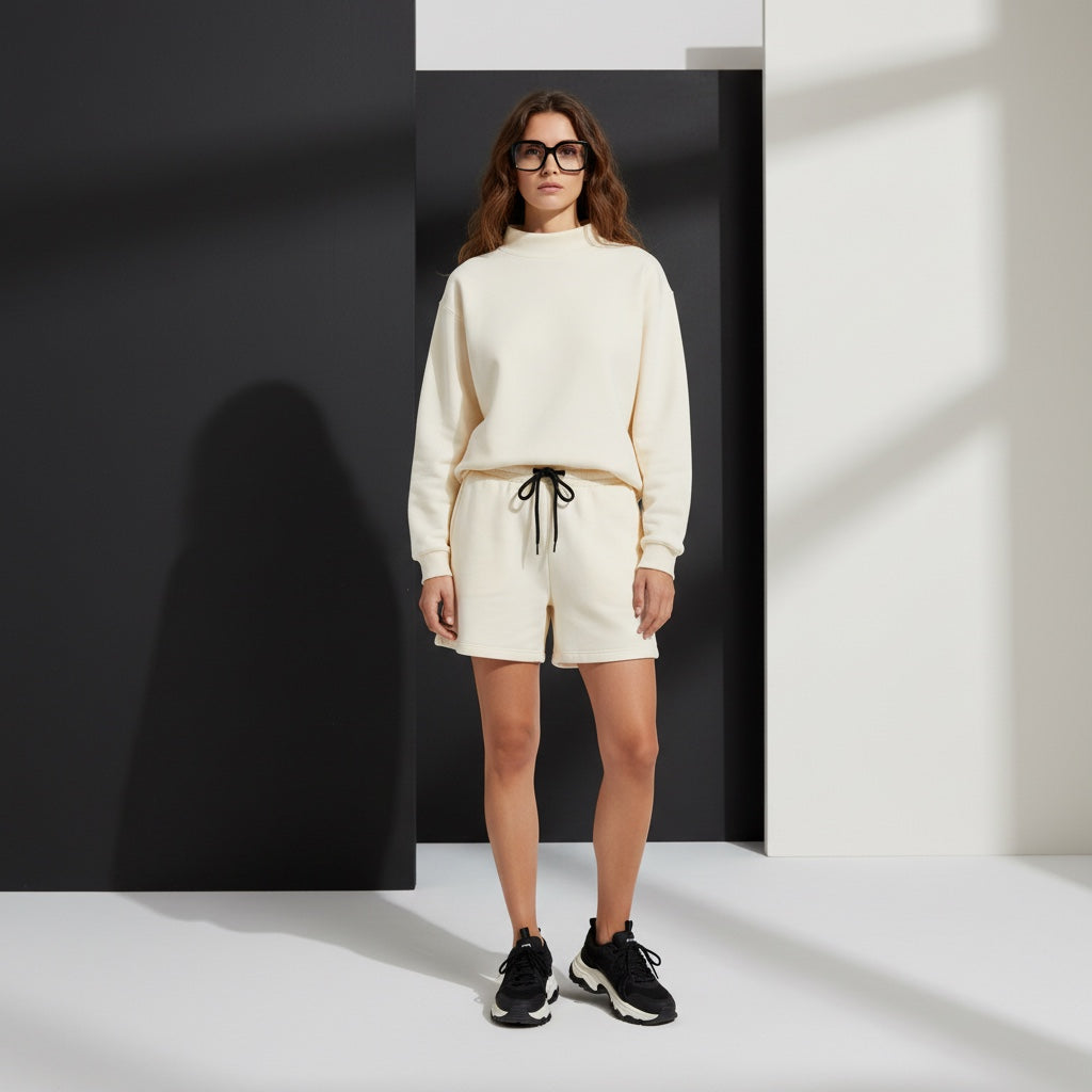 Woman wearing an Anointed Garments cream mock neck pullover sweatshirt and matching shorts against a geometric backdrop.