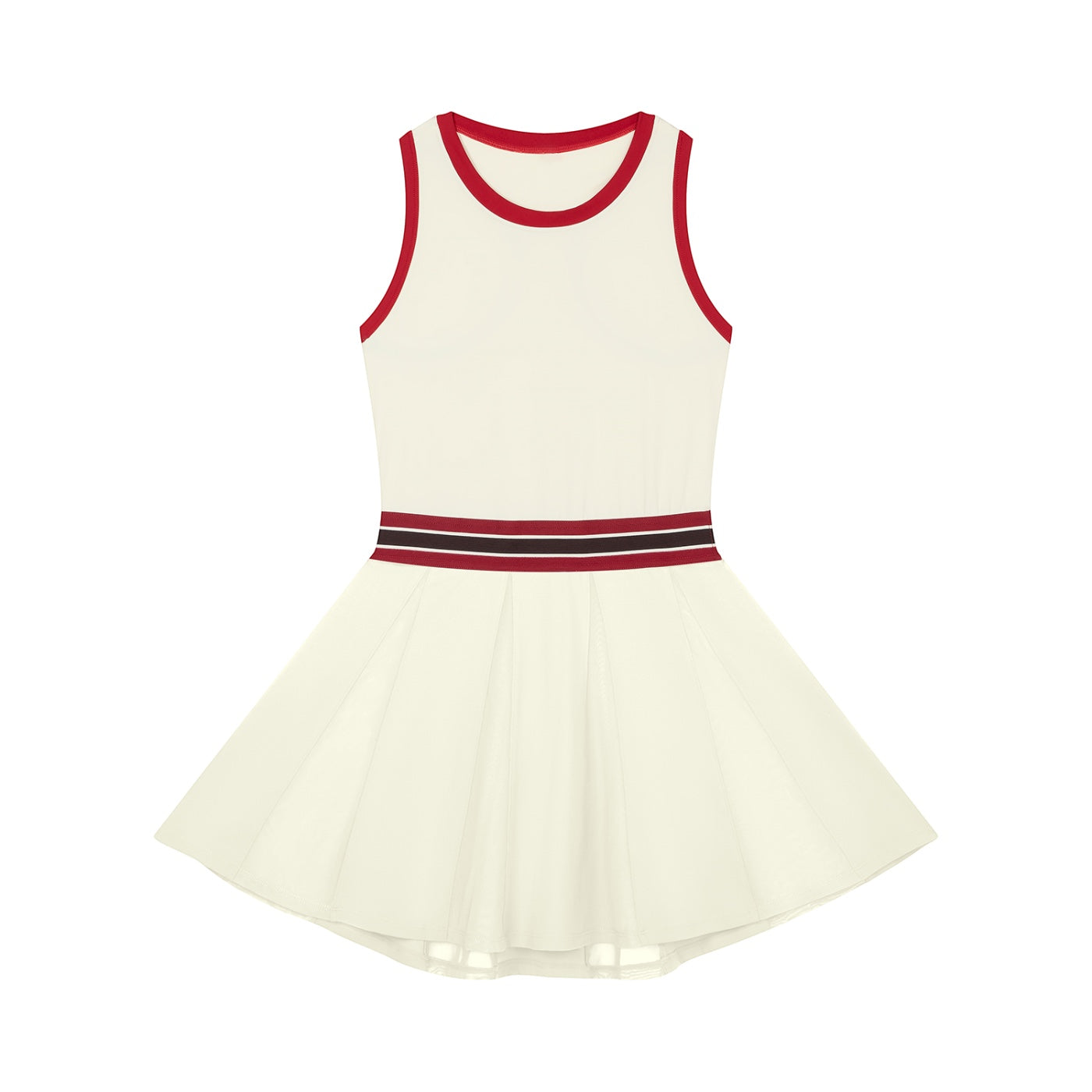 Anointed Garments cream athletic performance dress with red trim, striped waistband, and a pleated skirt.