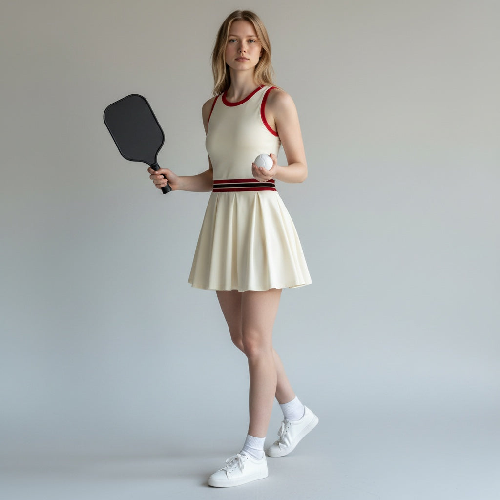 Anointed Garments cream performance dress with red trim, pleated skirt, and striped waistband, held by a pickleball player