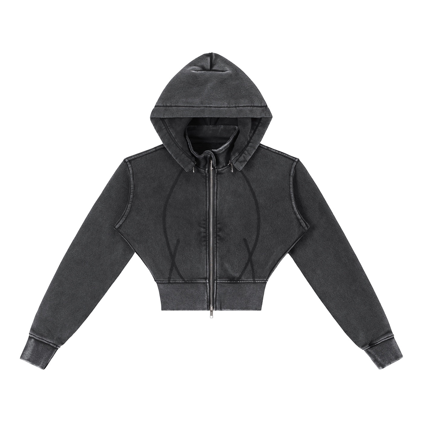 Anointed Garments cropped zip-up hoodie in vintage-washed charcoal grey with structured paneling and long sleeves.