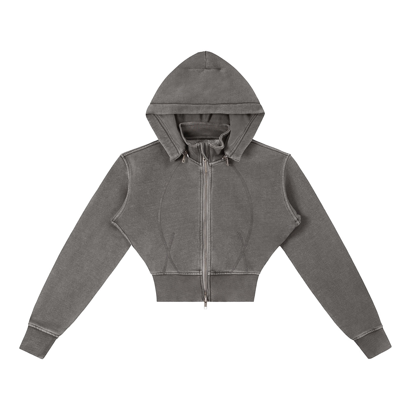 Anointed Garments cropped zip-up hoodie in vintage-washed charcoal grey with structured paneling and hood.