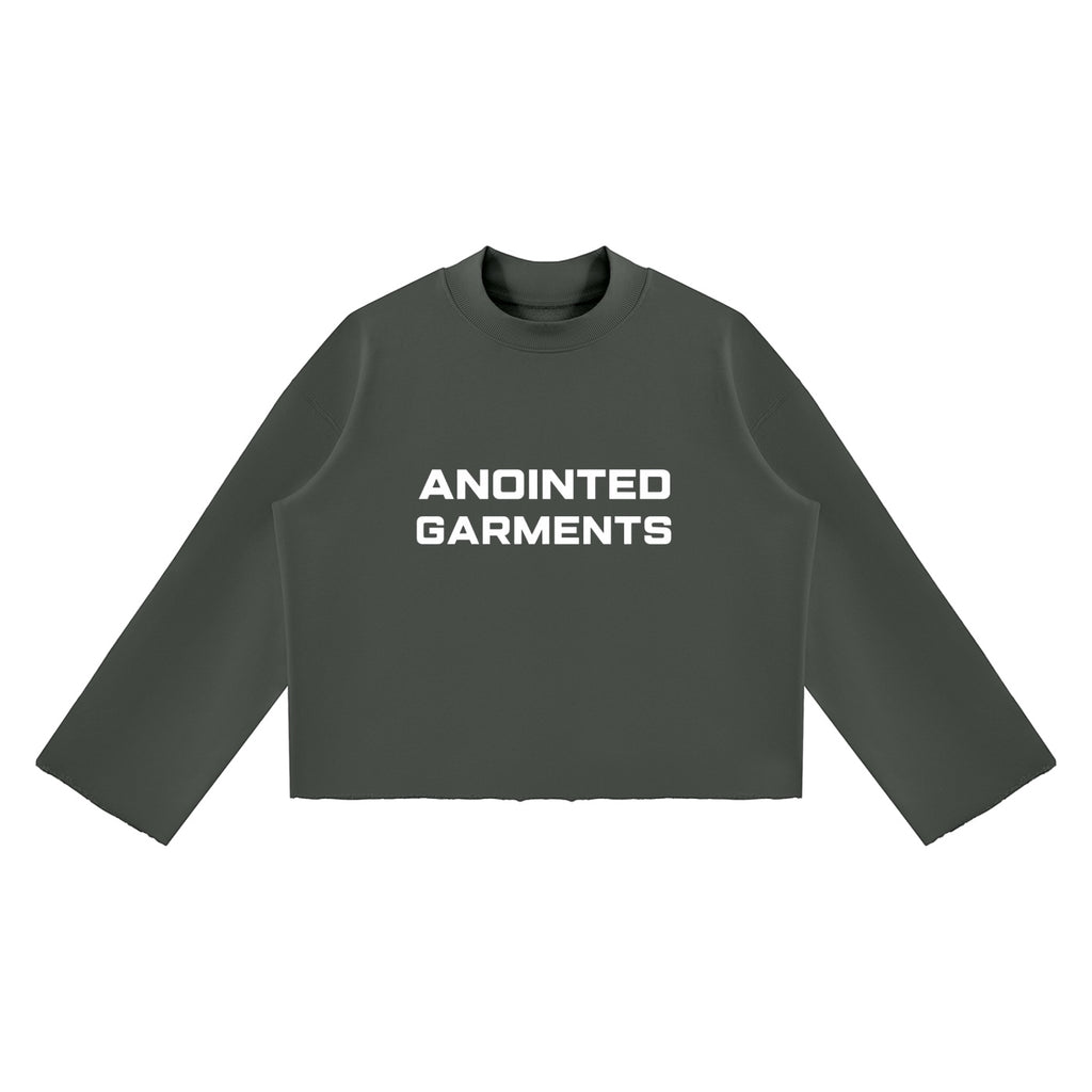 Anointed Garments unisex dark green mock neck sweatshirt with a boxy fit, drop shoulders, and raw edge hem.