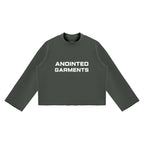 Anointed Garments unisex dark green mock neck sweatshirt with a boxy fit, drop shoulders, and raw edge hem.