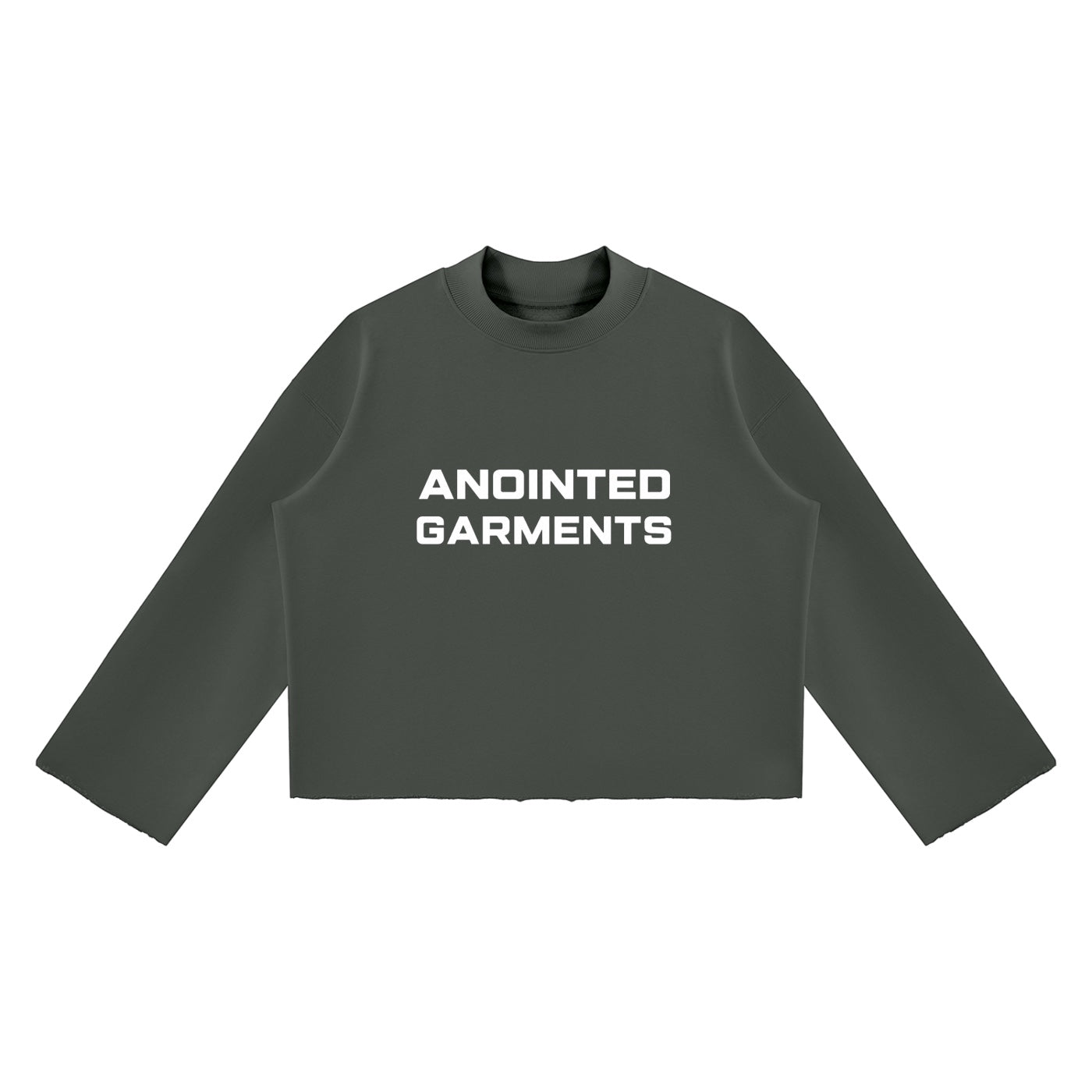 Anointed Garments unisex dark green mock neck sweatshirt with a boxy fit, drop shoulders, and raw edge hem.