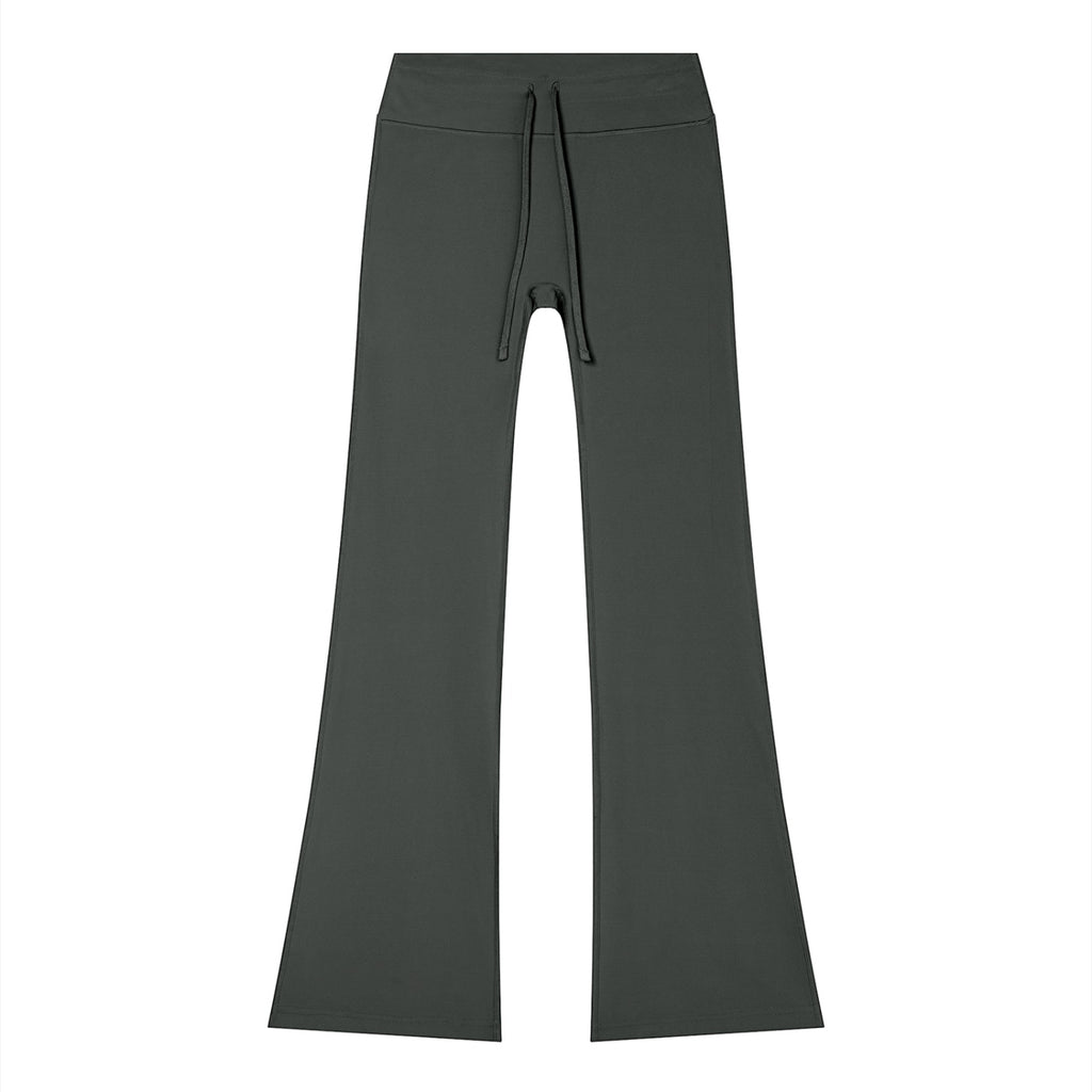 Anointed Garments women's dark grey flared yoga pants with a drawstring waist, made from nylon and spandex blend.