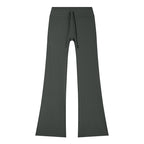 Anointed Garments women's dark grey flared yoga pants with a drawstring waist, made from nylon and spandex blend.