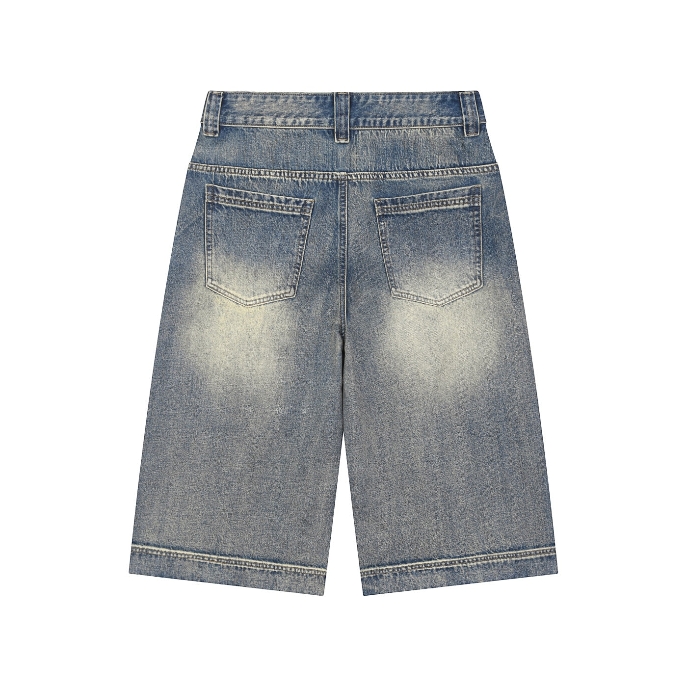 Anointed Garments medium-wash denim Bermuda shorts with a relaxed wide-leg fit, back pockets, and vintage fading.