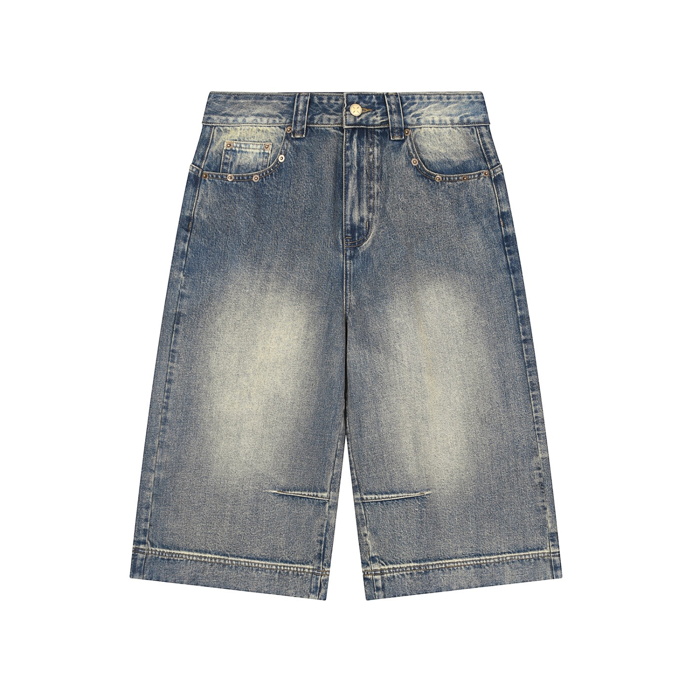 Anointed Garments medium-wash denim Bermuda shorts with a relaxed wide-leg fit, distressed details, and five pockets.