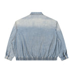 Back view of Anointed Garments light acid-wash denim bomber jacket with elasticated hem and cuffs