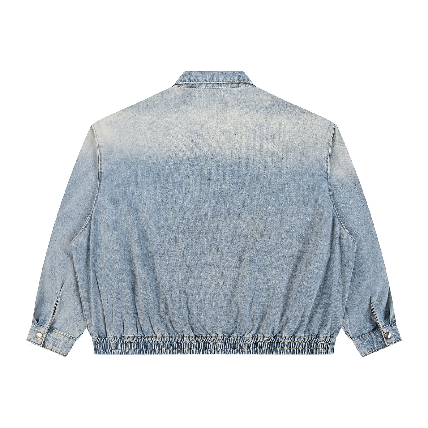 Back view of Anointed Garments light acid-wash denim bomber jacket with elasticated hem and cuffs