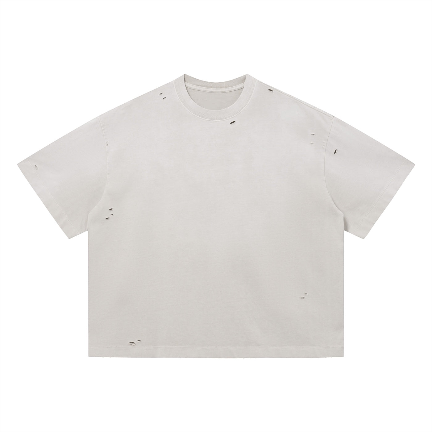 Anointed Garments heavyweight beige cotton crewneck t-shirt with intentional distressed and frayed detailing.