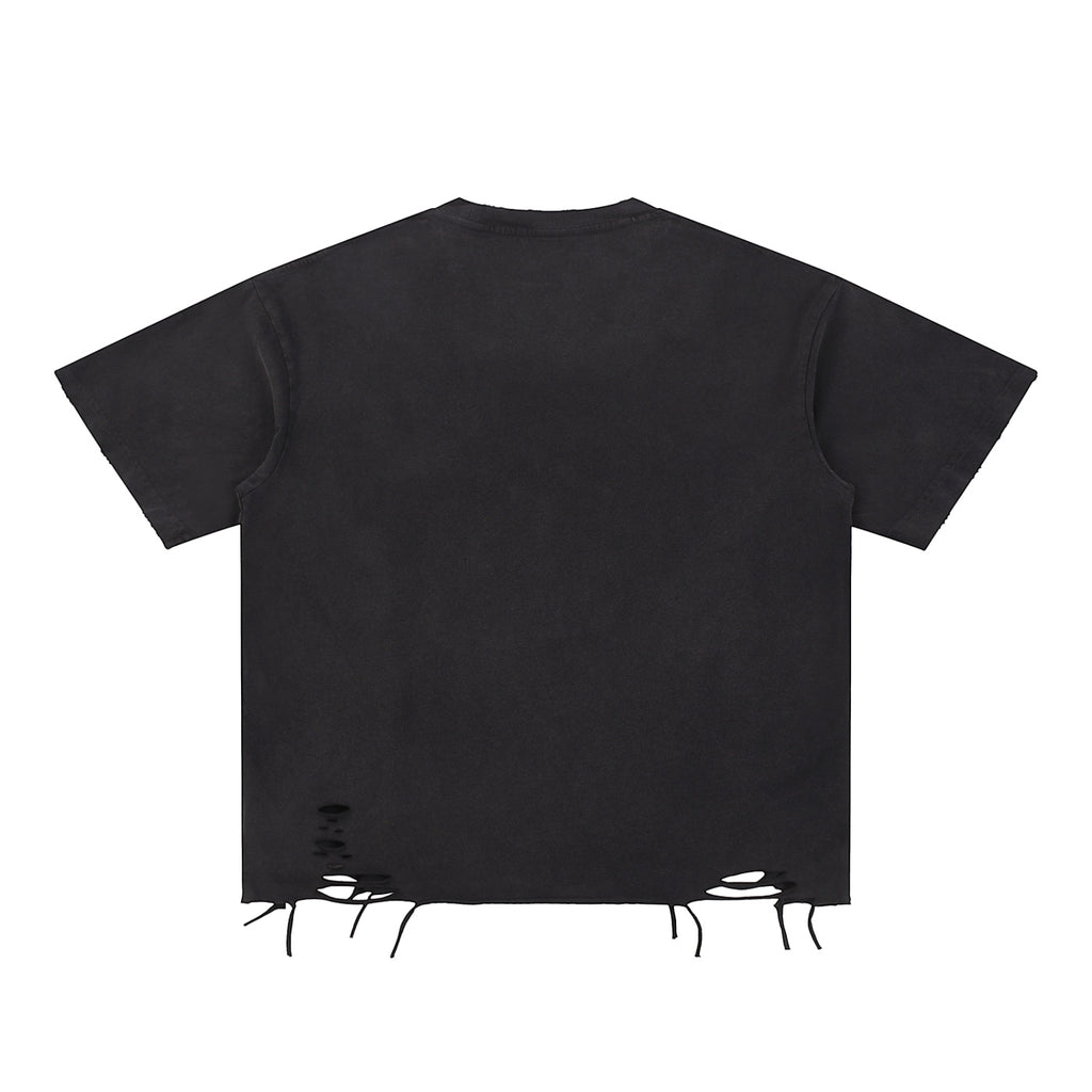 Anointed Garments washed black cotton crewneck t-shirt with distressed hem detailing and a loose, modern fit.