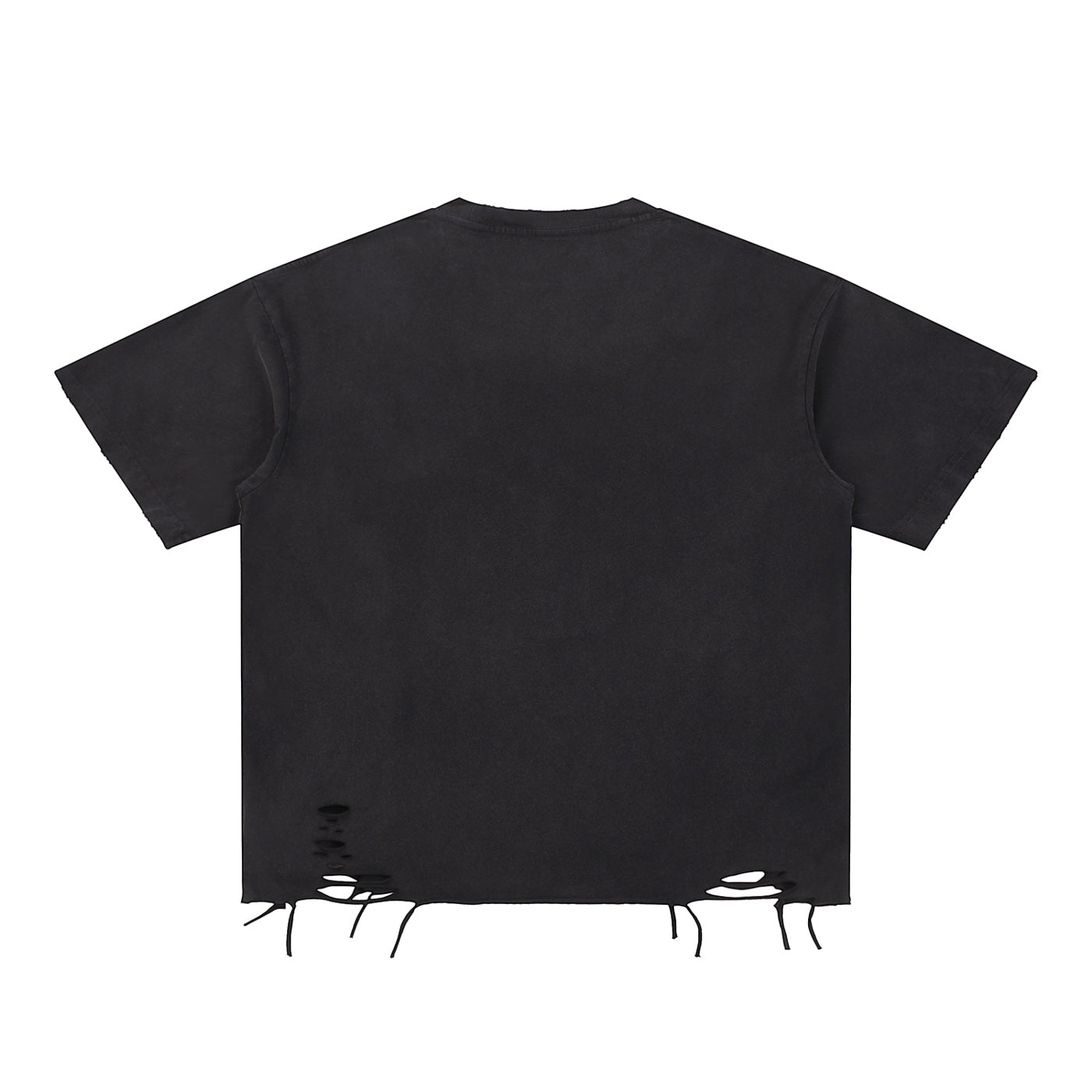 Anointed Garments washed black cotton crewneck t-shirt with distressed hem detailing and a loose, modern fit.