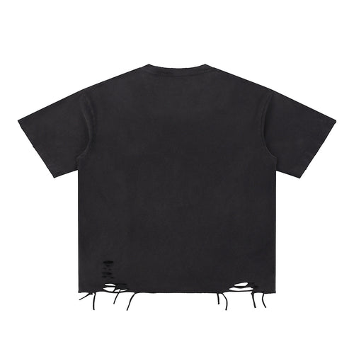 Anointed Garments washed black cotton crewneck t-shirt with distressed hem detailing and a loose, modern fit.