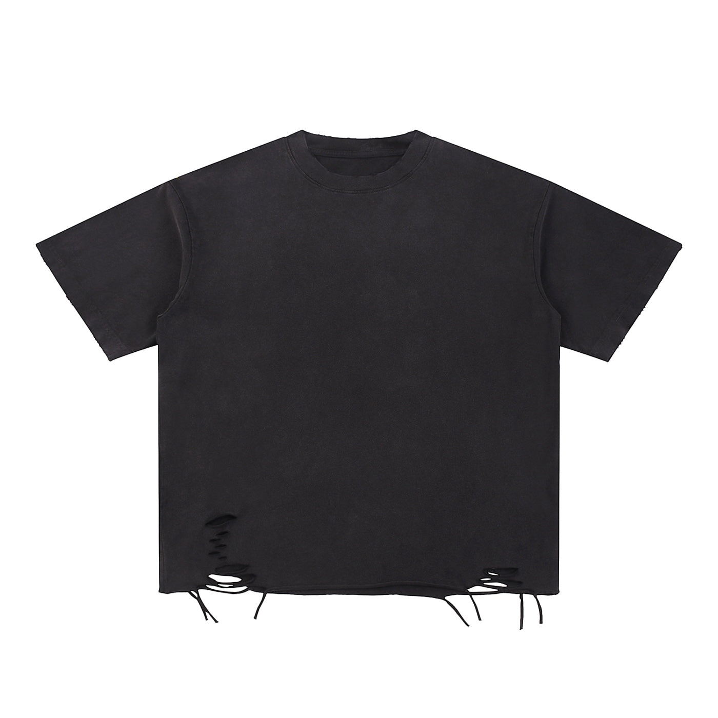 Anointed Garments washed black cotton crewneck t-shirt featuring intentional distressed hem detailing and a loose fit.